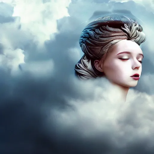 Prompt: goddess wearing a cloud fashion on the clouds, photoshop, colossal, creative, albino skin, giant, digital art, photo manipulation, clouds, covered in clouds, girl clouds, on clouds, covered by clouds, a plane flying on the sky, digital painting, artstation