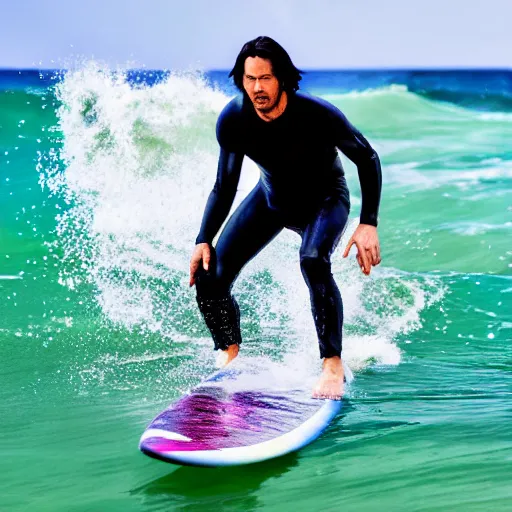 Prompt: Image of keanu reeves surfing, drone image, cinematic lighting, 4k, vivid color, detailed