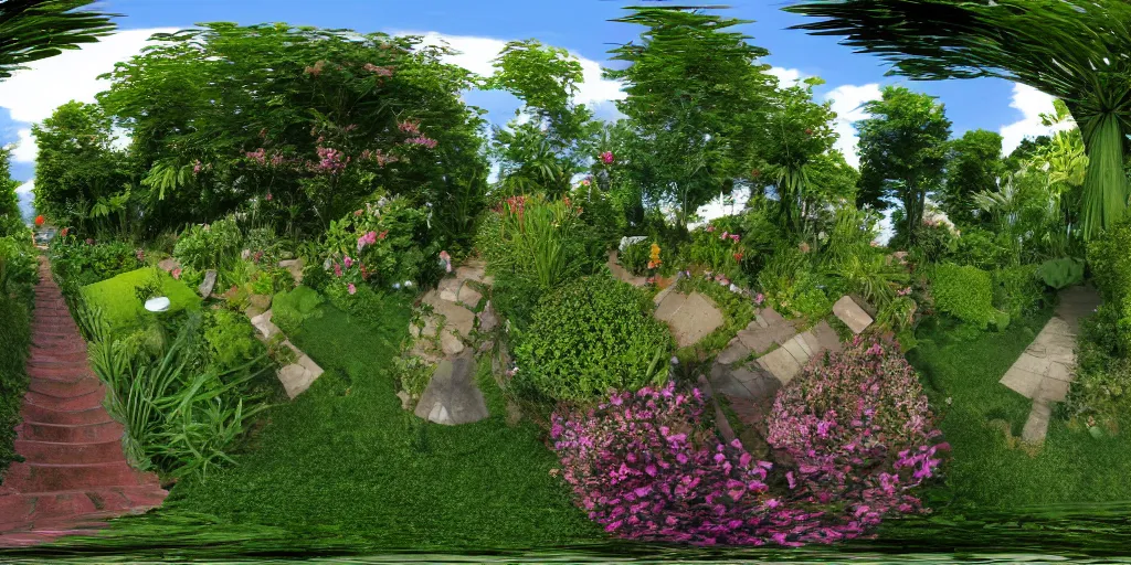 Prompt: seamless equirectangular projection of a 3 6 0 view inside a garden