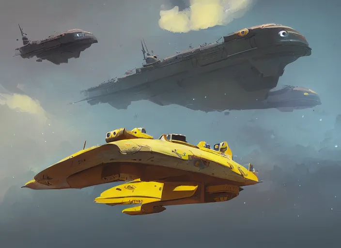 Prompt: a painting of a futuristic yellow submarine plane flying through the sky, light cloud, concept art by Ian McQue, cgsociety, highly detailed, artstation, concept art, sci-fi