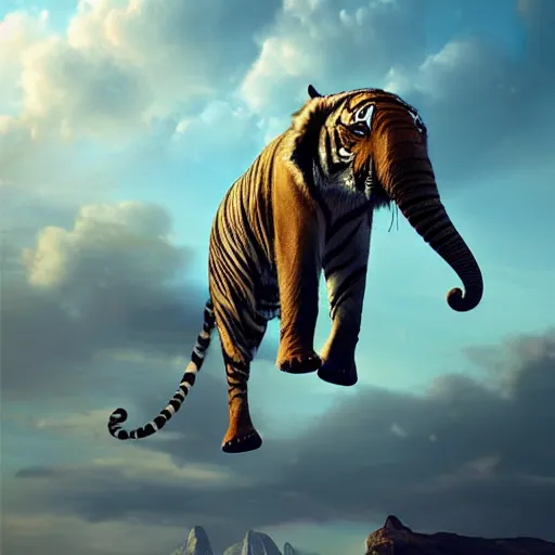 Image similar to beautiful tiger elephant leaping through the sky, epic composition, hyper detailed, digital art, trending in artstation, cinematic lighting, studio quality, unreal engine 5 rendered, art style by klimt and nixeu and ian sprigger and wlop and krenz cushart