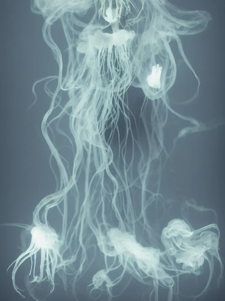 Image similar to cute fumo plush smiling ectoplasmic gothic skeletal jellyfish ghost girl, glowing milky wisps of hazy smoke and volumetric fog, lens flare, subsurface scattering, vignette, asymmetry, bokeh, refraction, vray