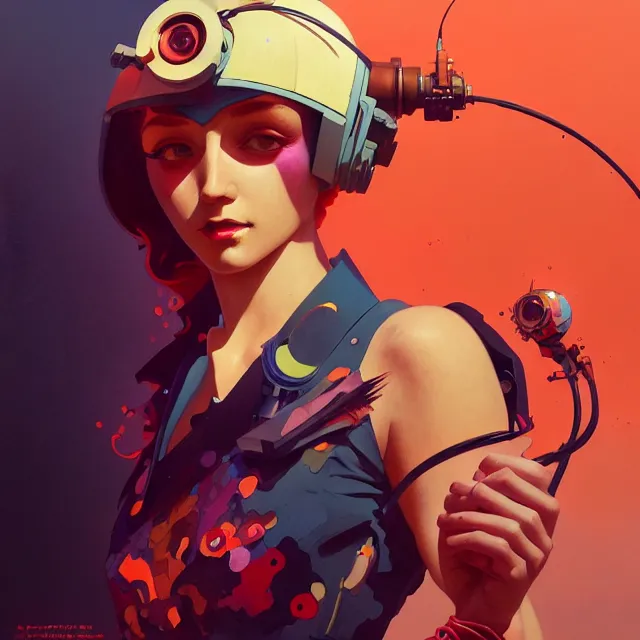 Prompt: a beautiful painting of a atompunk girl by moebius and pascal blanche and josan gonzalez and greg rutkowski and sachin teng and alphonse mucha. in style of futurism art. brush stroke, vibrating colors, hyper detailed. 4 k texture. beautiful features. octane render. trending on artstation