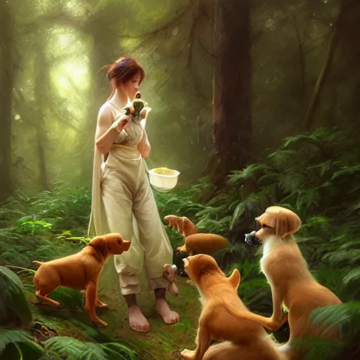 Image similar to photo of a humanoid hiena feeds puppies in the forest, highly detailed, digital painting, artstation, smooth, sharp focus, illustration, art by artgerm and greg rutkowski and alphonse mucha