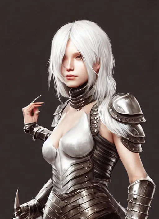 Image similar to warrior, fur leather armor!!! beautiful and elegant white hair female!! gorgeous ayes!! character concept art, sharp focus, octane render! unreal engine 5! highly rendered!! trending on artstation!! detailed linework!! illustration by artgerm, wlop, and chie yoshii