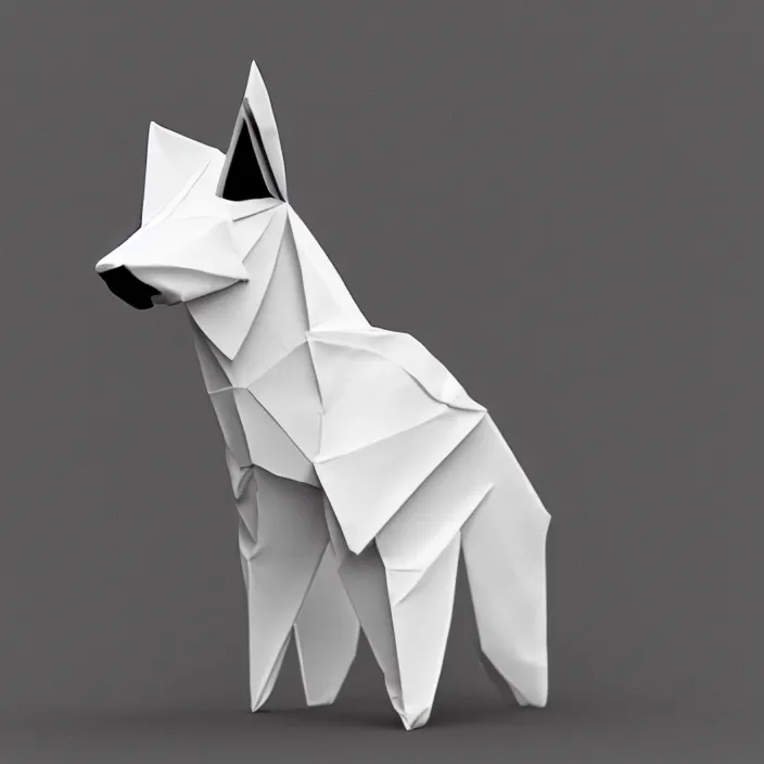 Image similar to low poly, isometric 3 d, white background, high definition, origami dog wearing a crown, hd, 4 k, 8 k