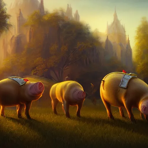 Image similar to an epic painting of the team of pigs wearing gold crowns, oil on canvas, golden hour, perfect composition, golden ratio, beautiful detailed, photorealistic, digital painting, artstation, concept art, smooth, sharp focus, illustration, fantasy background, artstation trending, octane render, unreal engine