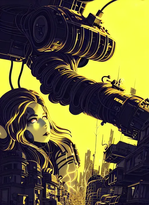 Image similar to highly detailed portrait of wasteland punk long curly glowing yellow and white plasma electricity hair tribal lady, stray electric spark wiring by atey ghailan, james gilleard, by joe fenton, by greg rutkowski, by greg tocchini, by kaethe butcher, 4 k resolution, gradient yellow, black and white color scheme!!! ( ( lightning cloudy robotic dystopian city background ) )