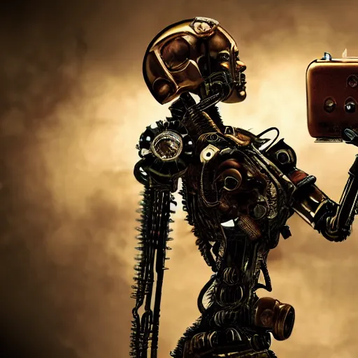 Image similar to a rusting female android holds a broken toaster in her arms, steampunk, android with gears and springs falling out, highly detailed robotic anatomy, high resolution film still, movie by Denis Villeneuve