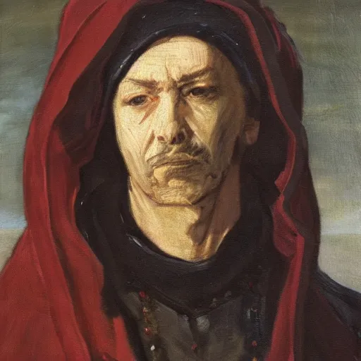 Image similar to a man wearing a long cloak and hood, oil painting, portrait, high detail