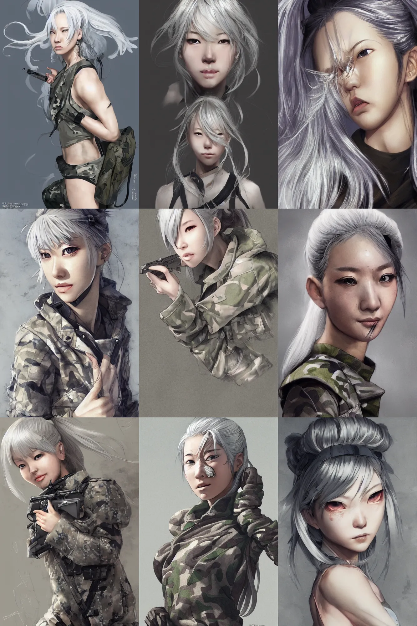 Prompt: girl, silver hair (ponytail), (((winking))), multicam (camo), (trending on artstation), beautiful asian face, cinematic full body shot, ilustration by Takehiko Inoue (((and Yoann Lossel)))