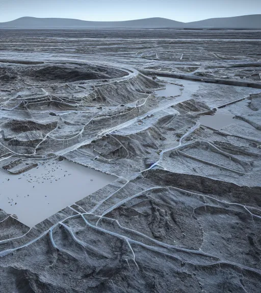 Image similar to hyperealistic render of a bioluminescent white bioremediation architecute in the mining tailings atacama desert, uhd, high detail, corona render, unreal engine, ue 5, vray by peter zumthor, trending on artstation