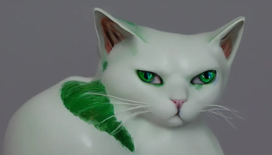 Prompt: hand painted figurine of white cat with green eyes, snow, hyperdetailed, artstation, cgsociety, 8 k