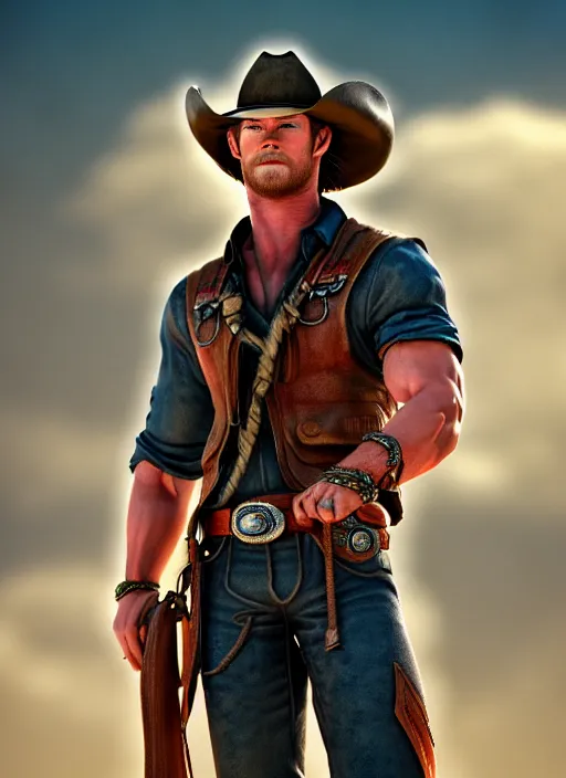 Prompt: chris hemsworth cowboy, highly detailed, 4 k, hdr, award - winning, artstation, octane render