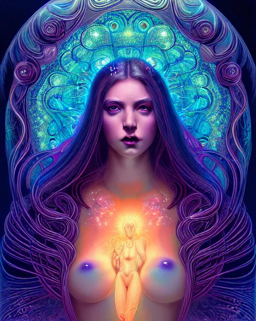 Prompt: beautiful realistic intricately detailed full frontal pose portrait of a sensual young dream goddess of the lucid realm, intricate halo of bubbles, droplets, neon swirls, tabs of lsd, solar flares, stardust, art by kilian eng, artgerm, greg rutkowski and h. r. giger, gothic, neo - gothic, ornamental, beautiful vivid colors