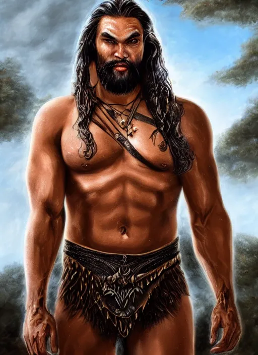 Image similar to jason momoa as khal drago by anne stokes and larry elmore, detailed matte painting, realistic portrait, symmetrical, highly detailed, digital painting, artstation, concept art, smooth, sharp focus, illustration, cinematic lighting, 8 k resolution