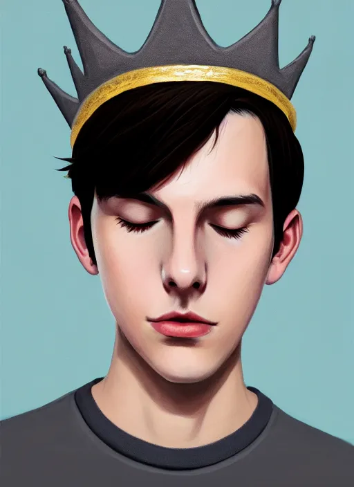 Image similar to portrait of teenage jughead jones wearing a light grey crown, photorealistic, crown, sweater with letter s on it, hamburger, eyes closed, crown, black hair, intricate, elegant, glowing lights, highly detailed, digital painting, artstation, concept art, smooth, sharp focus, illustration, art by wlop, mars ravelo and greg rutkowski