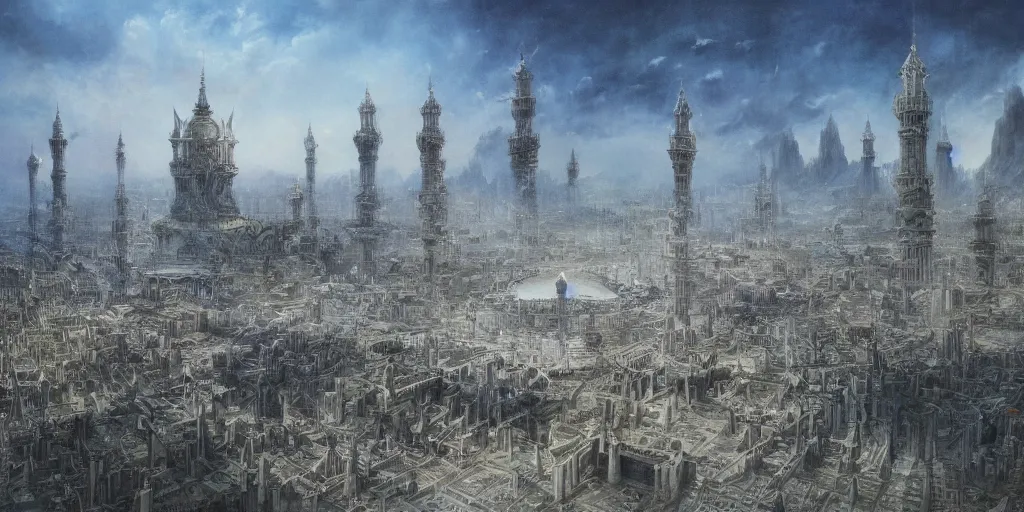 Prompt: a beautiful painting of epic fantasy islamic city by alan lee, trending on artstation