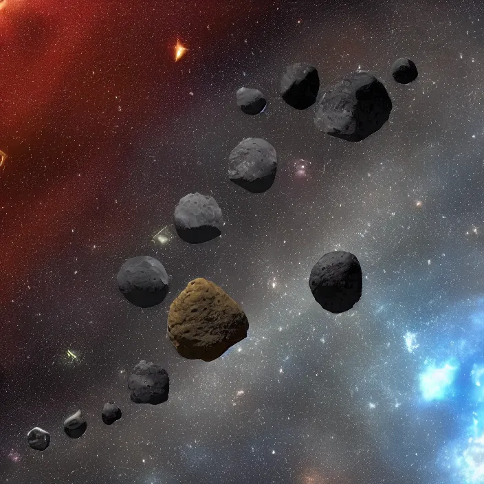 Prompt: asteroid belt with big asteroid shaped like the punisher symbol