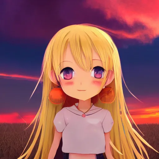 Image similar to blonde - haired princess, anime princess, wearing casual clothing, golden hour, partly cloudy sky, red clouds, orange sky, old town, strong lighting, strong shadows, vivid hues, ultra - realistic, sharp details, subsurface scattering, intricate details, hd anime, 2 0 1 9 anime