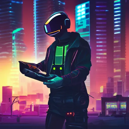 Image similar to cyberpunk android utility worker at night