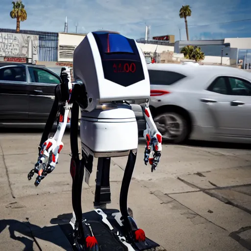 Prompt: LOS ANGELES CA, JUNE 18 2029: Vampire Robot enjoying the sun