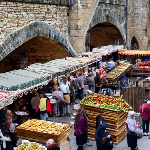 Image similar to medieval food market on a bridge