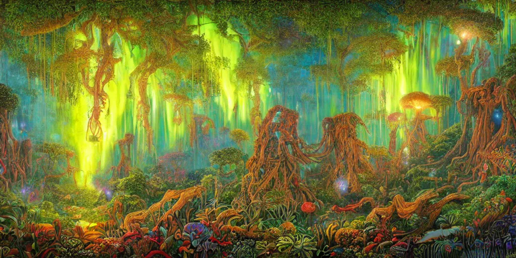 Image similar to beautifully detailed painting of a dreamy psychedelic rainforest with fireflies and fairies, intricate coral, fungal gems, iridescent crystal monoliths, obelisks and an aurora borealis, mossy stumps by dan mumford, diego rivera, eugene delacroix, jean leon gerome, eddie mendoza