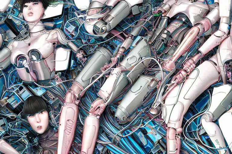 Prompt: a cyberpunk illustration of a group of female androids in style of hajime sorayama, lying on an abstract, empty, white floor with their body parts scattered around and cables and wires coming out, by katsuhiro otomo and masamune shirow, hyper-detailed, intricate, colorful, view from above, wide angle, close up, beautiful