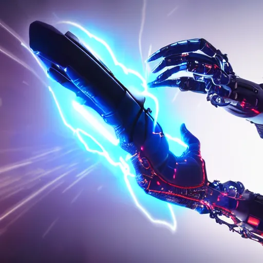 Prompt: a photo of a cyborg charging up an intense electromagnetic pulse with his hands, futuristic, action camera, 8k UHD