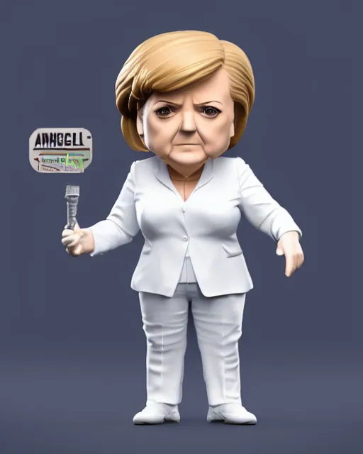 Image similar to full body 3d render of funko pop angela merkel as a funko pop, studio lighting, white background, blender, trending on artstation, 8k, highly detailed