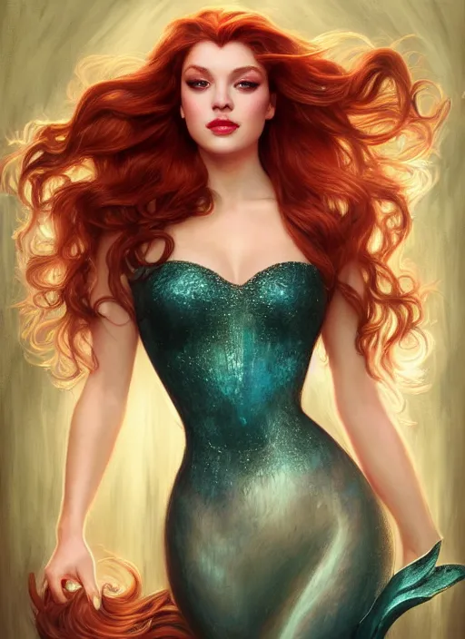 Prompt: glamorous princess ariel portrait, seductive eyes and face, elegant, very detailed face, studio lighting, photorealism, portrait by magali villeneuve and steve argyle, livia prima, mucha, dress, fantasy art, beautiful, artstation, trending on artstation, intricate details, alluring, masterpiece