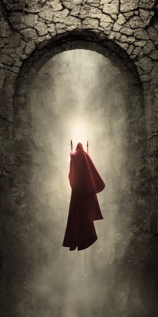 Image similar to a wizard in a cloak standing in front of a portal to wisdom, tall door, high ceiling, magic light, light beam, cinematic atmosphere, high definition, ultra detailed