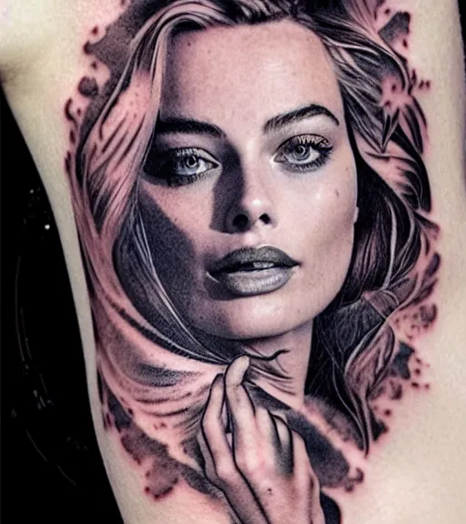 Image similar to tattoo design sketch double exposure of margot robbie blended with beautiful mountain scenery, creative mash up, in the style of arlo dicristina, surrealist, amazing detail, sharp