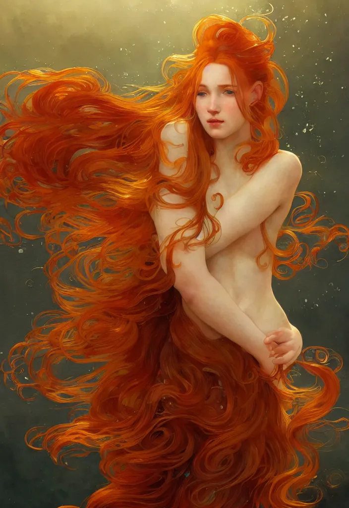 Prompt: beautiful watercolor painting of a young red hair woman surrounded by golden fish, intricate, elegant, highly detailed, digital painting, artstation, concept art, smooth, sharp focus, art by krenz cushart and artem demura and alphonse mucha, dynamic lighting, full body shot, ultrarealistic, cinematic, octane render, 8 k