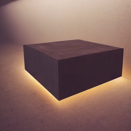 Prompt: high tech concrete bench cube, natural wood top, minimal, dramatic lighting and composition, trending on artstation, concept art, red light, olive tree