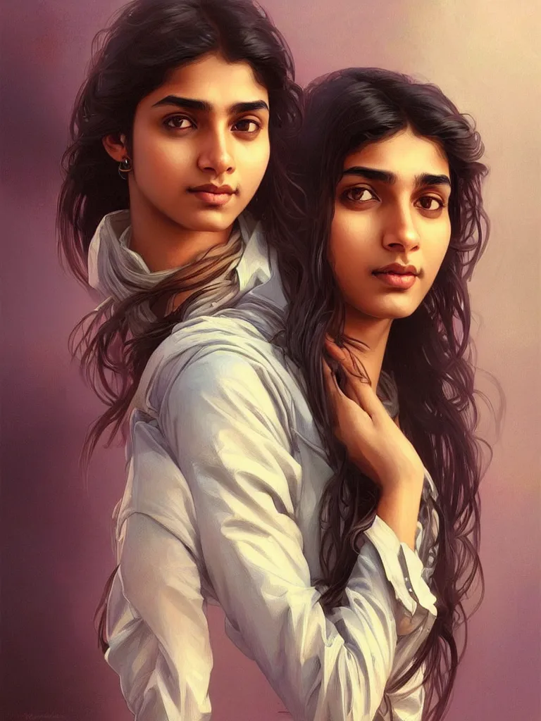 Image similar to Anxious pretty young Indian doctor wearing jeans leaving a plane, portrait, sci-fi face, elegant, highly detailed, digital painting, artstation, concept art, smooth, sharp focus, illustration, art by artgerm and greg rutkowski and alphonse mucha