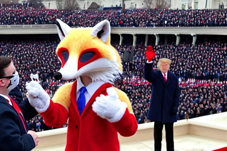 Image similar to photo of the usa presidential inauguration, a fox fursuiter being inaugurated as president