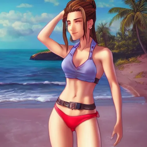 Image similar to beautiful aerith from final fantasy in daisy dukes on the beach making eye contact drawn by artgerm