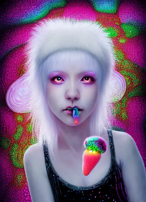 Image similar to hyper detailed 3d render like a Oil painting - kawaii portrait Aurora (white haired Singer Ferret) seen Eating of the Strangling network of yellowcake aerochrome and milky Fruit and Her delicate Hands hold of gossamer polyp blossoms bring iridescent fungal flowers whose spores black the foolish stars by Jacek Yerka, Mariusz Lewandowski, Houdini algorithmic generative render, Abstract brush strokes, Masterpiece, Edward Hopper and James Gilleard, Zdzislaw Beksinski, Mark Ryden, Wolfgang Lettl, hints of Yayoi Kasuma, octane render, 8k