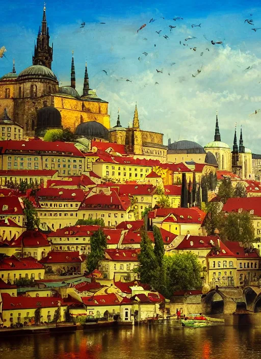 Image similar to old master painting of beautiful shot of Royal medieval European city like Prague mixed with Istanbul like Islamic architecture with greenery all around , autumn colors