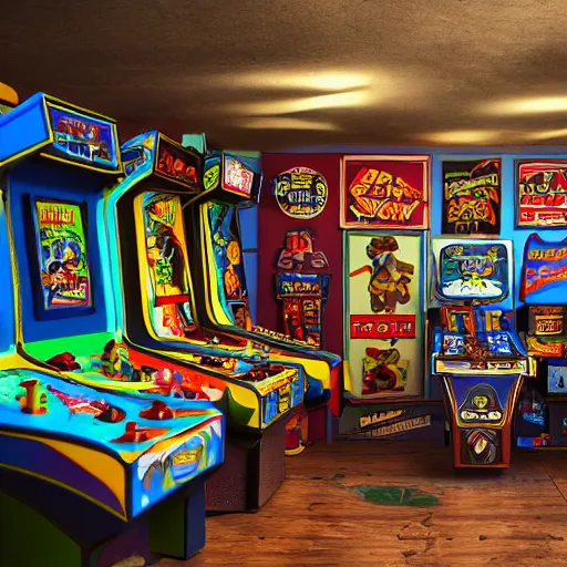 Image similar to large Mancave full of 80s toys games arcade games and wall posters Stuffy atmosphere, shadows, vintage, highly detailed, abandoned, octane render, blender, --width 768 4k