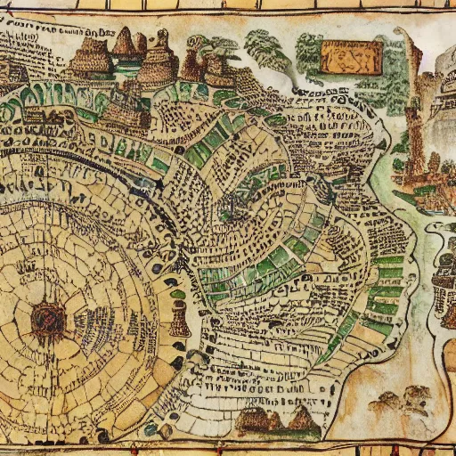 Prompt: incredibly detailed ancient map of Busytown, extreme detail, parchment paper, sharp lines