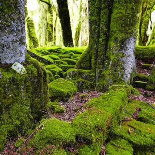 Image similar to old ruins with moss on top, direct sunlight