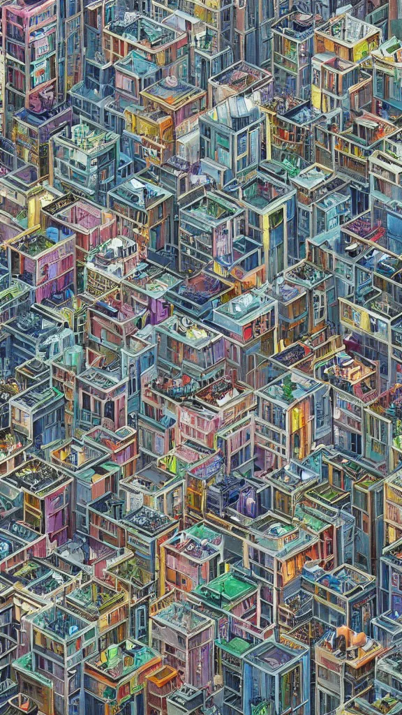 Prompt: a beautiful painting of a crowded cybernetic futuristic voxel city, densely populated buildings with windows, crowded urban buildings close to each other, highly detailed and realistic, by Lee Madgwick and Simon Stalenhag