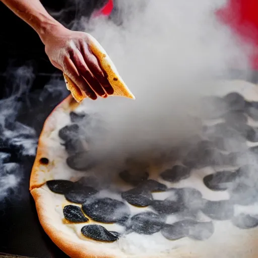 Prompt: Close-up action photo showing a spinning pizza dough suspended in the air between the hands of a pizza chef. Black reflective marble workbench in a black room. Flour dust spray. Tomato and basil on the workbench. Flames in the background. Vivid colors.