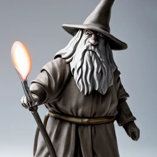 Image similar to gandalf chrome figurine sitting at a lightmixer, gandalf without a hat, color studio photo, uhd 4 k, backlight, rule of thirds