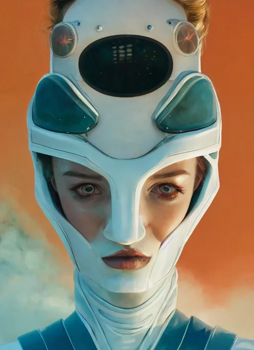 Image similar to symmetry!!! closeup portrait! of a cyborg racer girl, fashion white jumpsuit, shoulder pads, in clouds, cinematic light, windy, teal orange, volumetric smoke, by gerald brom, by mikhail vrubel, by peter elson, muted colors, extreme detail, trending on artstation, 8 k