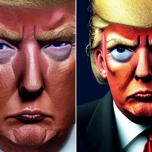 Image similar to Donald Trump with Jigsaw from Saw body, realistic artstyle, wide shot, dramatic lighting, octane render, hyperrealistic, high quality, highly detailed, HD, beautiful, cinematic, 8k, unreal engine, facial accuracy, symmetrical