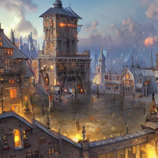 Image similar to magical final fantasy inspired town, european, highly detailed, unreal engine, concept art